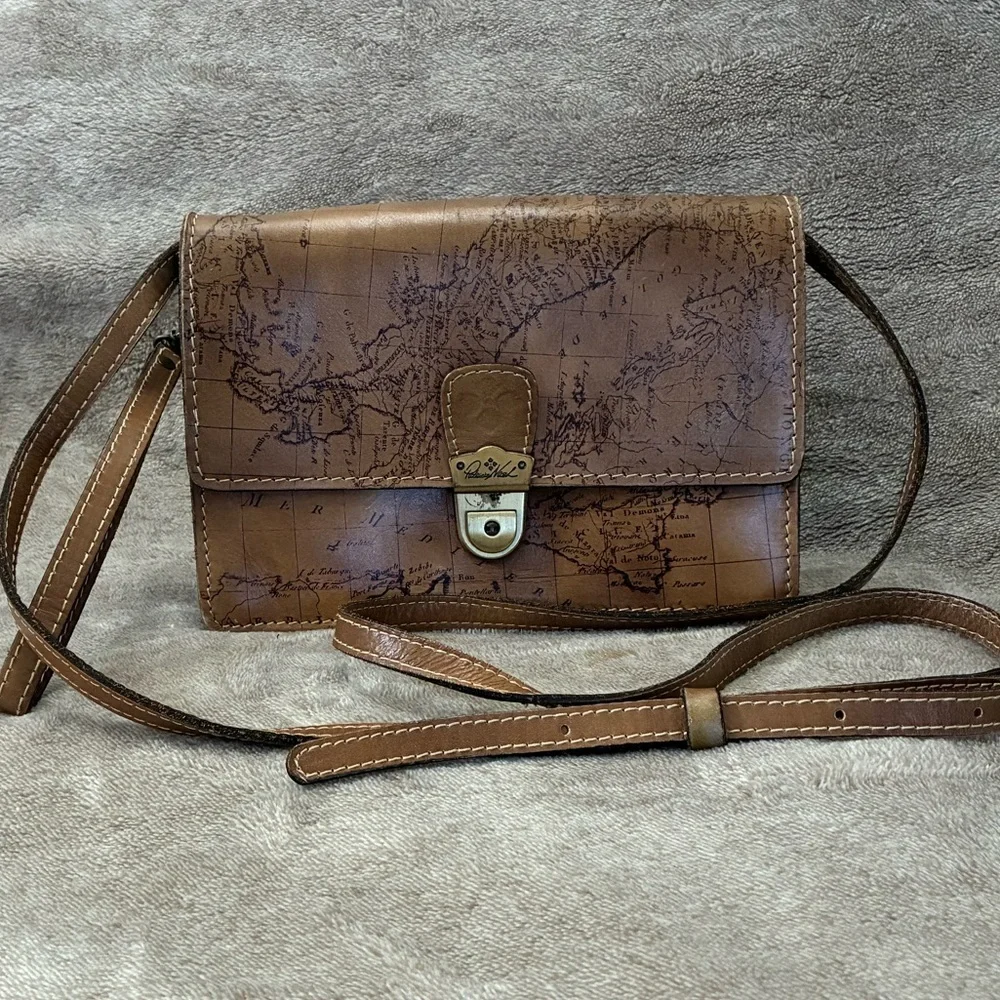 Patricia Nash Laurentina Signature Map Leather Crossbody Purse Brown